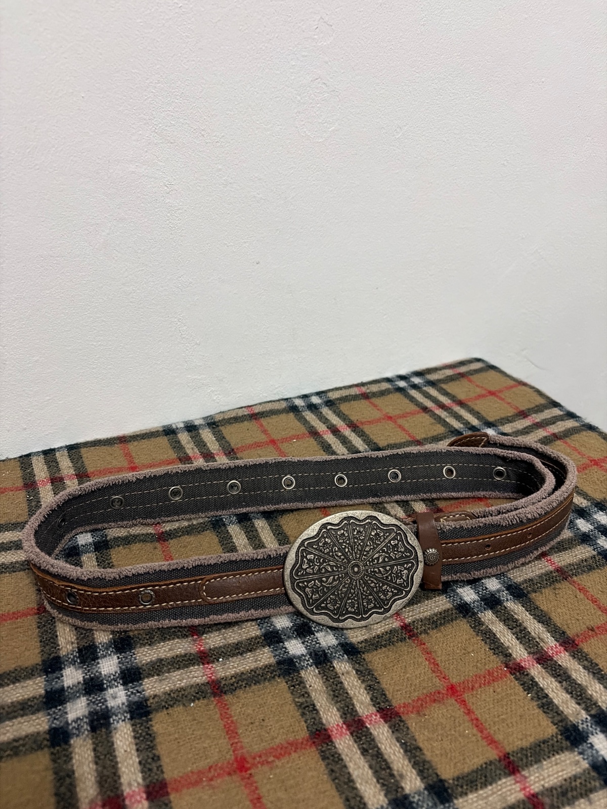 Vintage Western Boho Belt Metal Floral Buckle Brown Canvas Leather Style