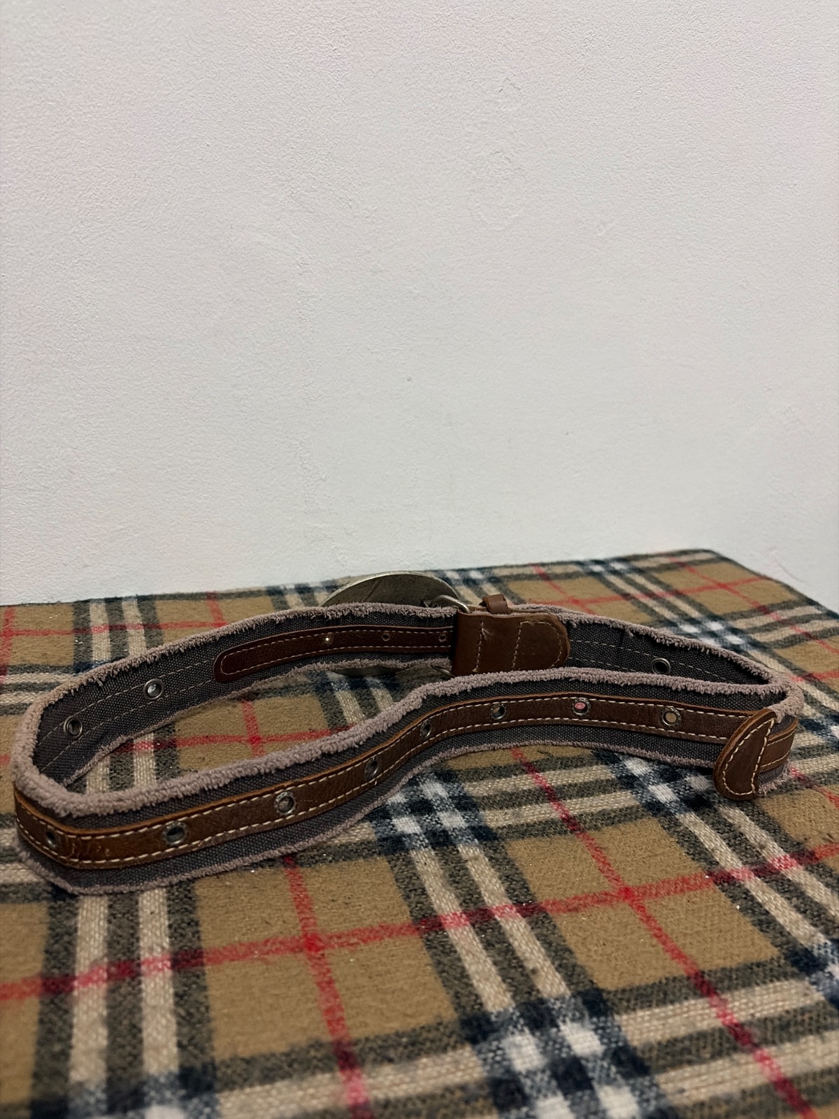 Vintage Western Boho Belt Metal Floral Buckle Brown Canvas Leather Style — gambar 4