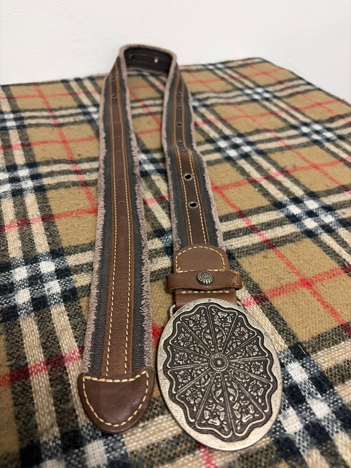 Vintage Western Boho Belt Metal Floral Buckle Brown Canvas Leather Style — gambar 5