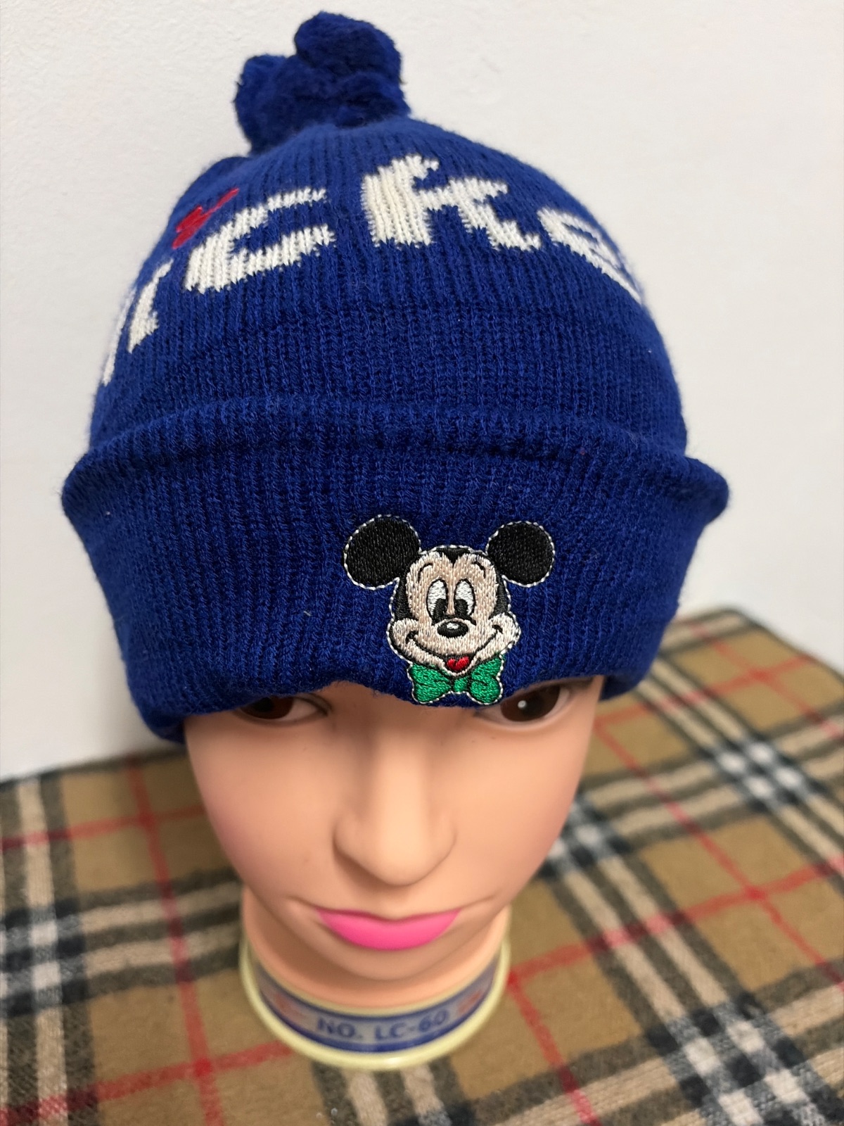 Vintage Japan Disney Mickey Mouse Kids Wool Beanie Navy Blue Pom Pom
