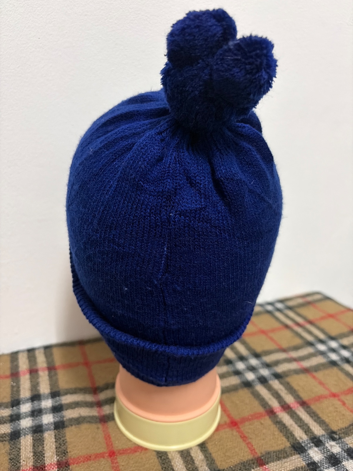 Vintage Japan Disney Mickey Mouse Kids Wool Beanie Navy Blue Pom Pom — gambar 2