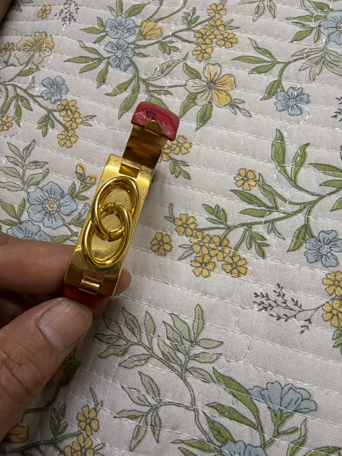 Vintage Red Leather & Gold Plated 24K Lock Cuff Bracelet