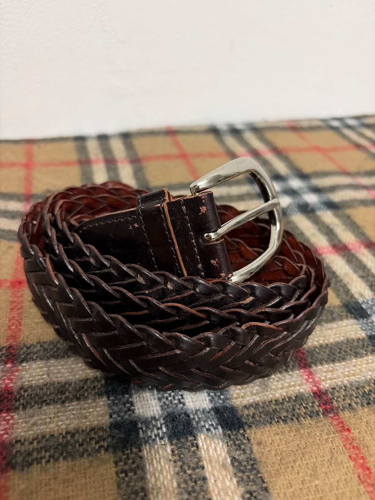 Vintage Two Tone Brown Black Braided Leather Belt Silver Tone Buckle