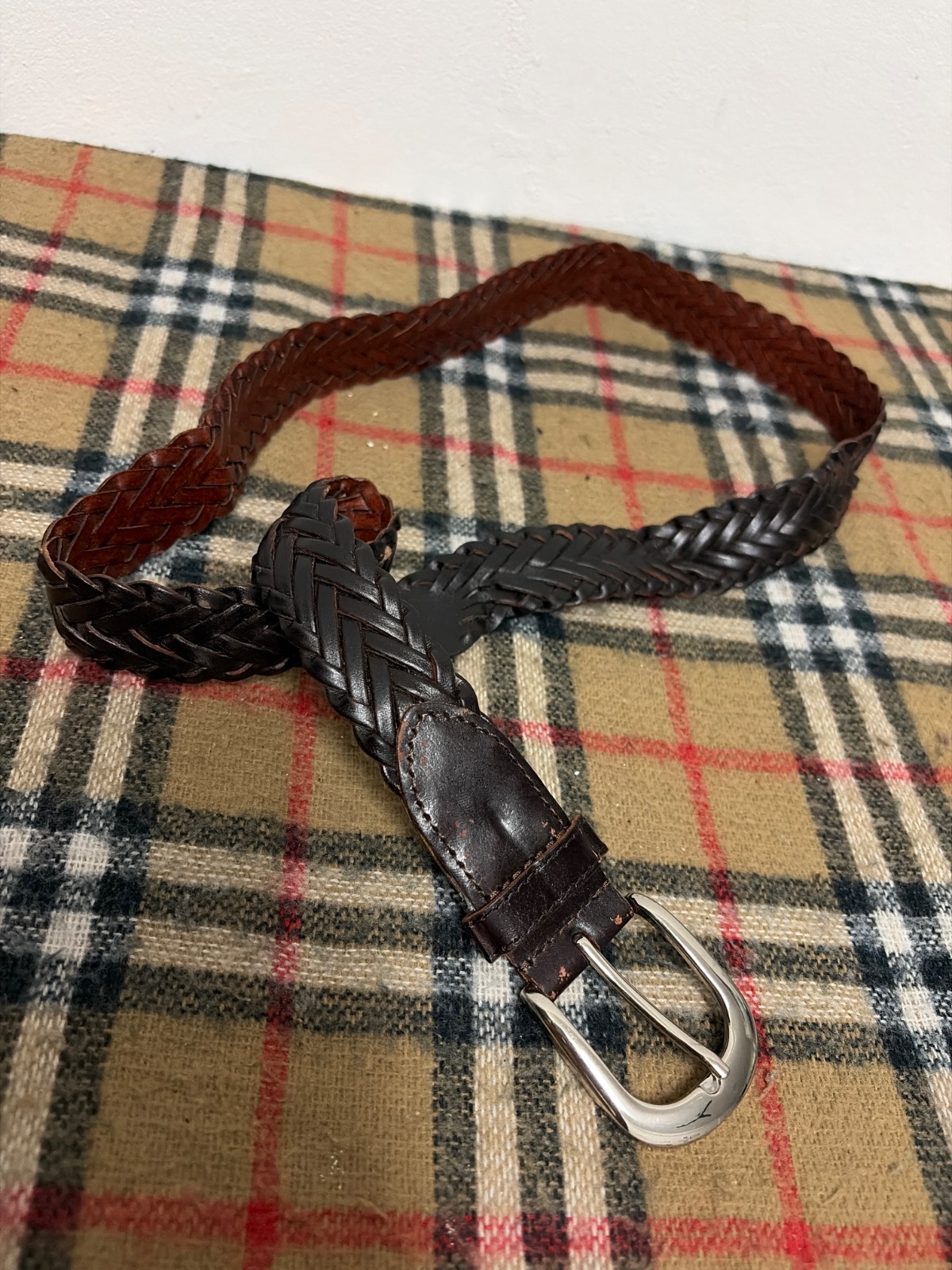 Vintage Two Tone Brown Black Braided Leather Belt Silver Tone Buckle — gambar 2