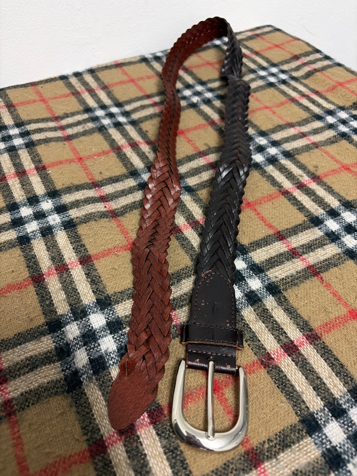 Vintage Two Tone Brown Black Braided Leather Belt Silver Tone Buckle — gambar 3
