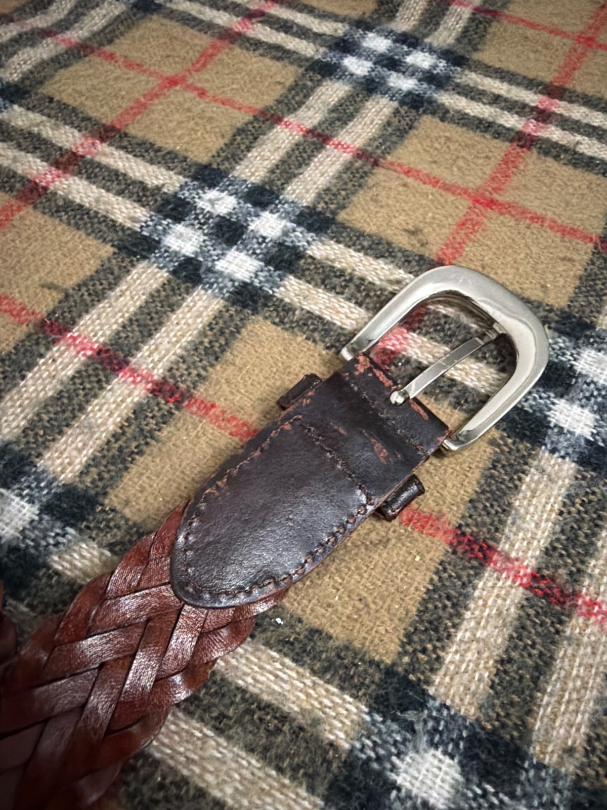 Vintage Two Tone Brown Black Braided Leather Belt Silver Tone Buckle — gambar 4