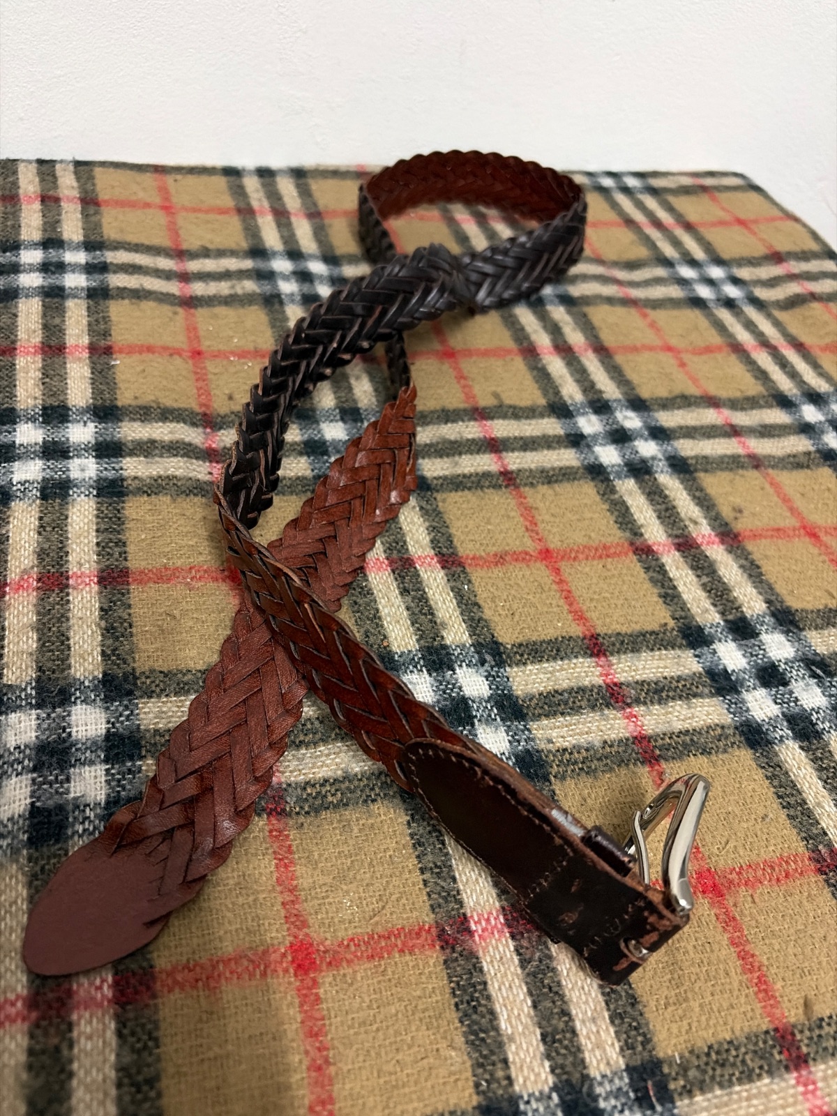 Vintage Two Tone Brown Black Braided Leather Belt Silver Tone Buckle — gambar 5