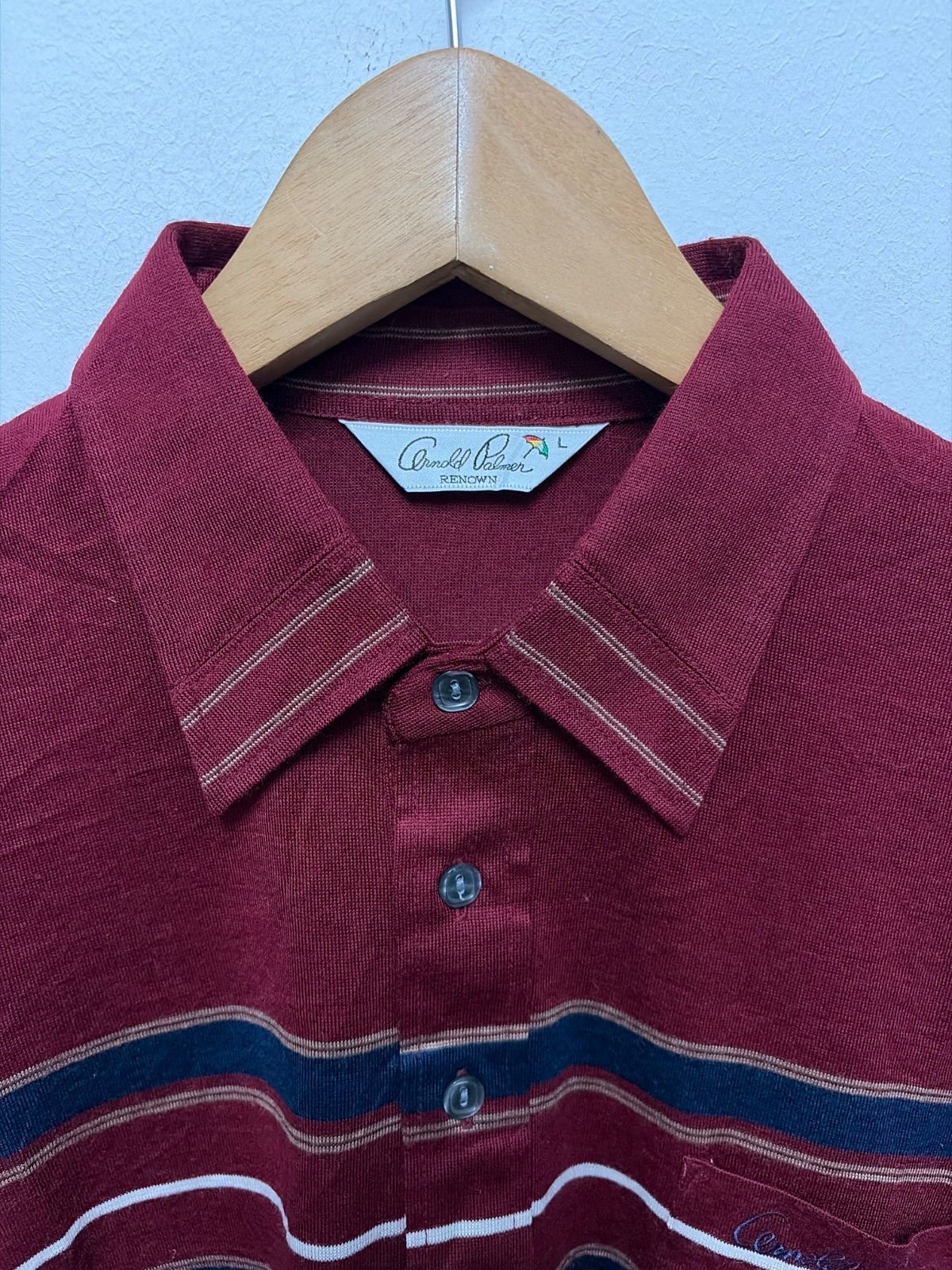 Deadstock Vintage Arnold Palmer Renown Long Sleeve Polo Shirt Striped Burgundy Size L Japan — gambar 2