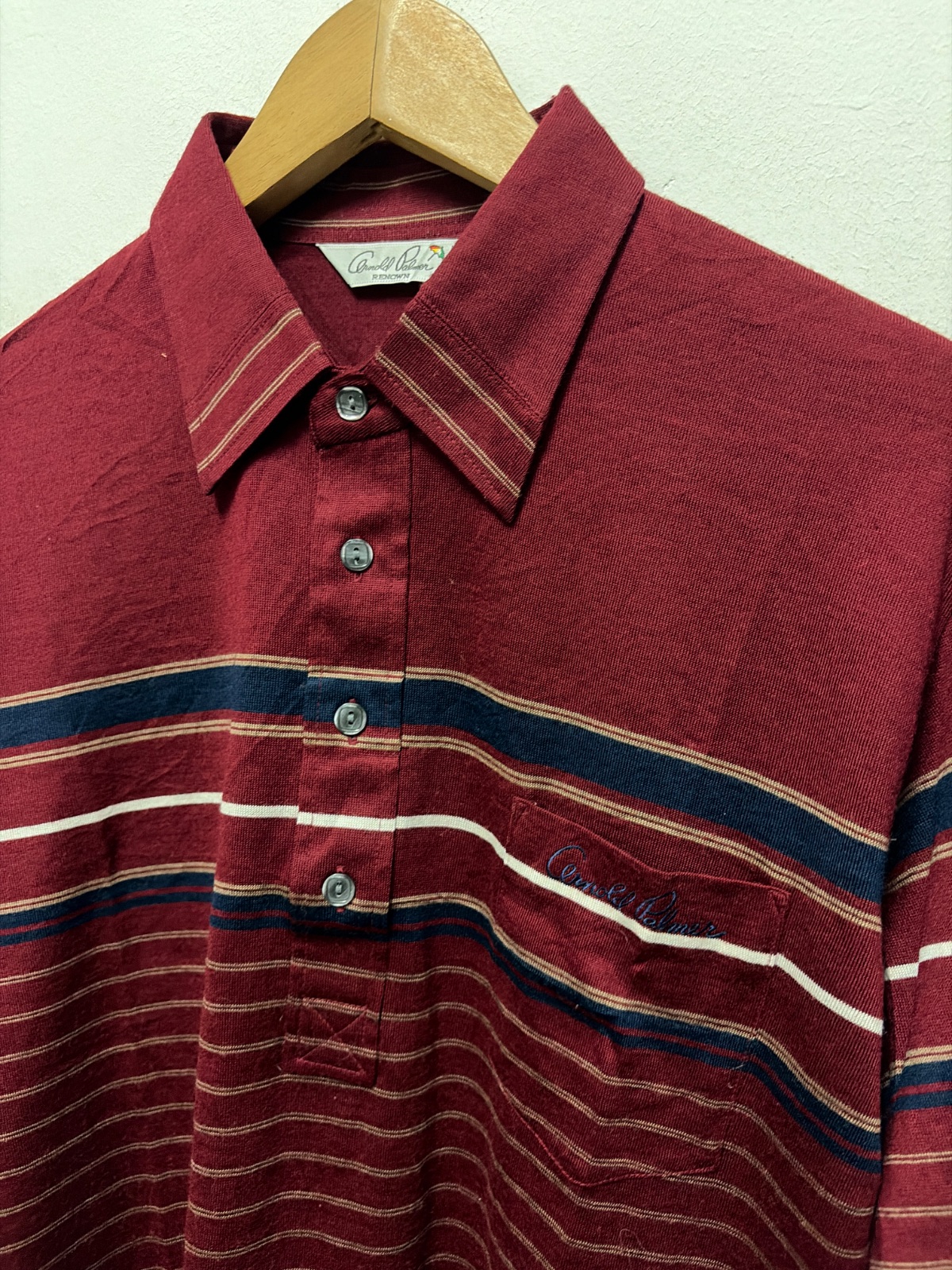Deadstock Vintage Arnold Palmer Renown Long Sleeve Polo Shirt Striped Burgundy Size L Japan — gambar 3