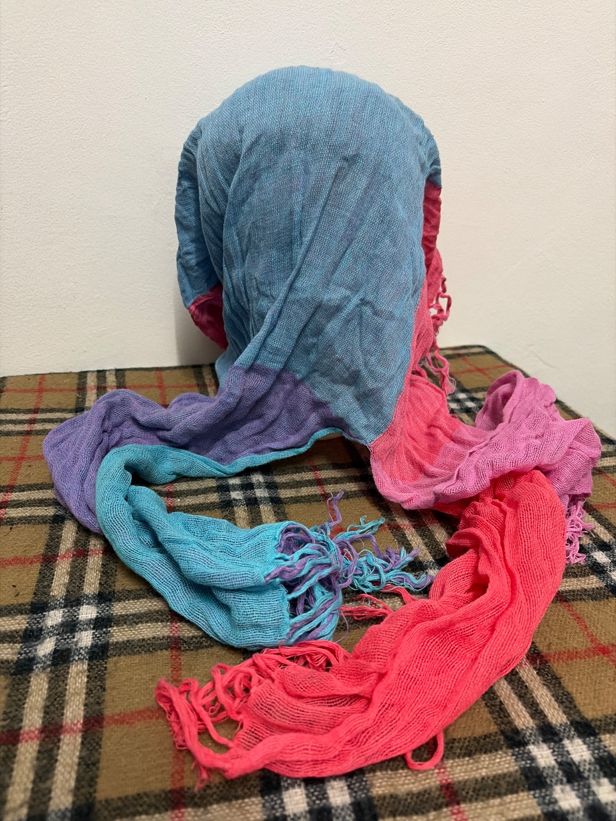ITO ORIZA IMABARI Japan Colorblock Woven Scarf Pink Purple Fringe — gambar 3
