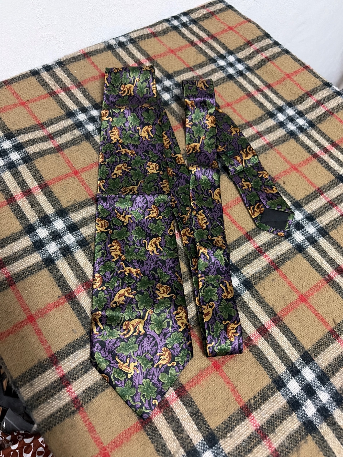Vintage Bottega Veneta 100% Silk Necktie Monkey Jungle Floral Pattern Made in Italy