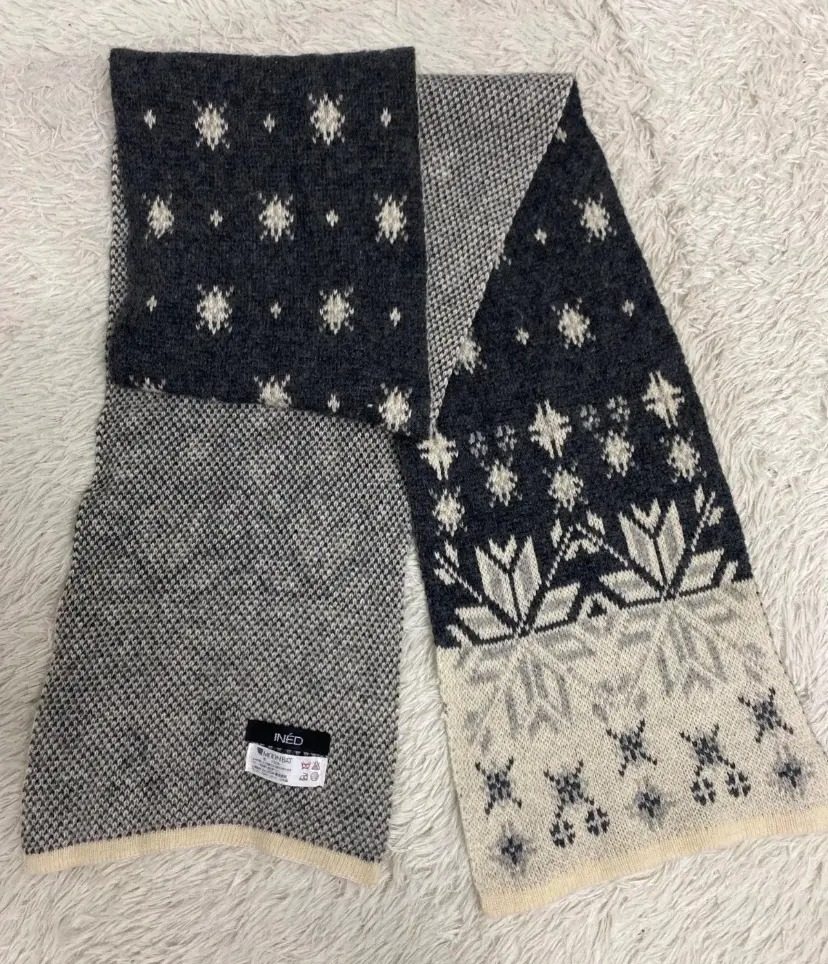 INED by Yohji Yamamoto Wool Knit Scarf Snowflake Pattern Japan Designer Winter M — gambar 3