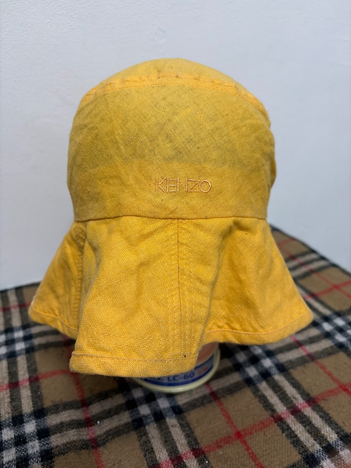 Vintage KENZO Japan Mustard Yellow 100% Linen Wide Brim Sun Hat Size M — gambar 2