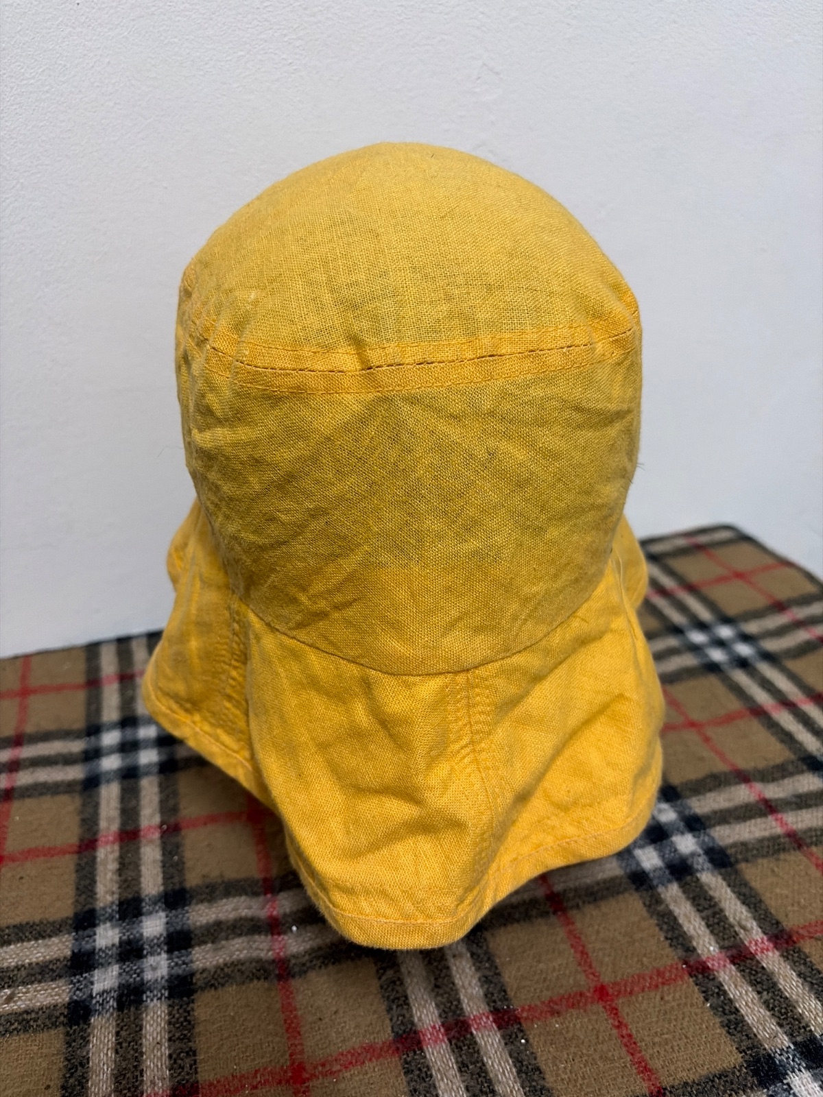 Vintage KENZO Japan Mustard Yellow 100% Linen Wide Brim Sun Hat Size M — gambar 3