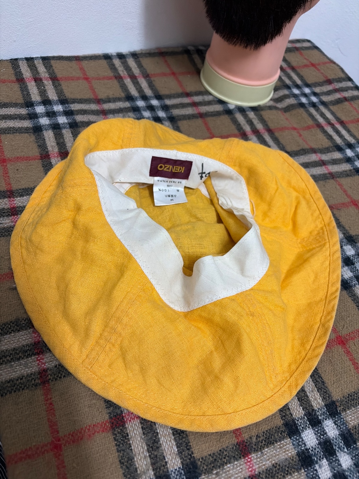 Vintage KENZO Japan Mustard Yellow 100% Linen Wide Brim Sun Hat Size M — gambar 4