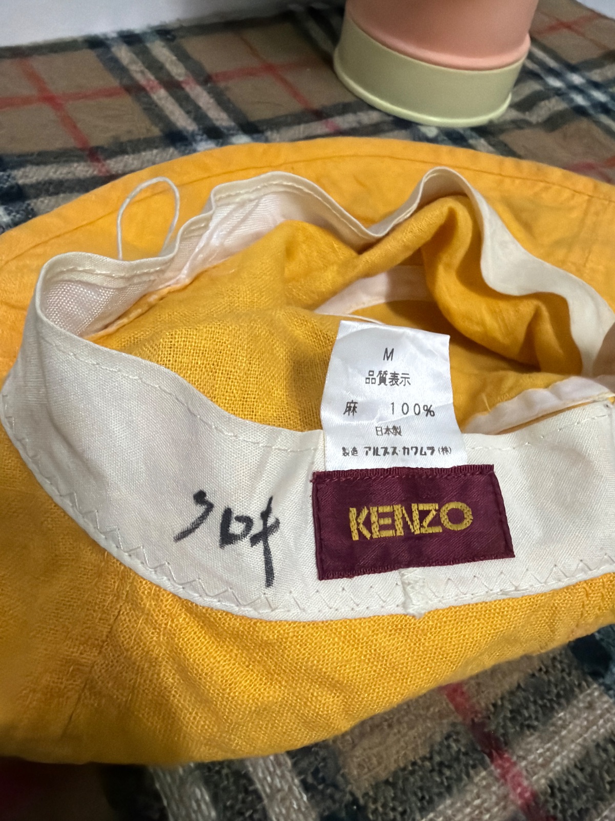 Vintage KENZO Japan Mustard Yellow 100% Linen Wide Brim Sun Hat Size M — gambar 5